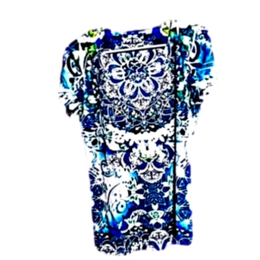 Style & Co M Turquoise Medallion Print Short Sleeve Embellished   Blouse